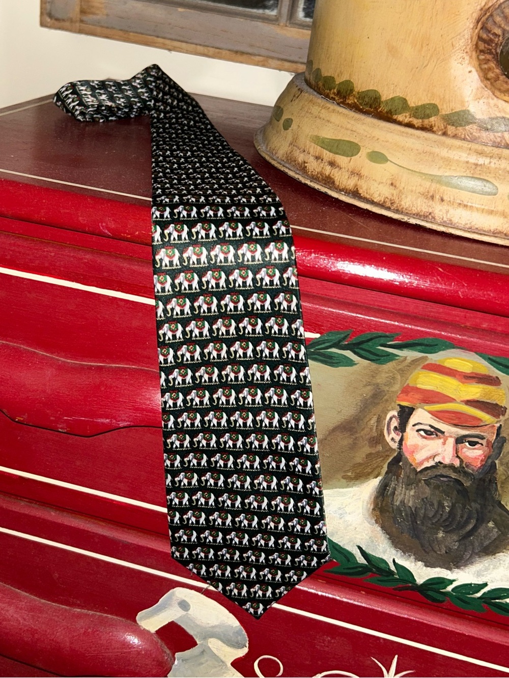 René Chagal Vintage Italian Designer 100% Silk Dark Green W/ Elephants Necktie